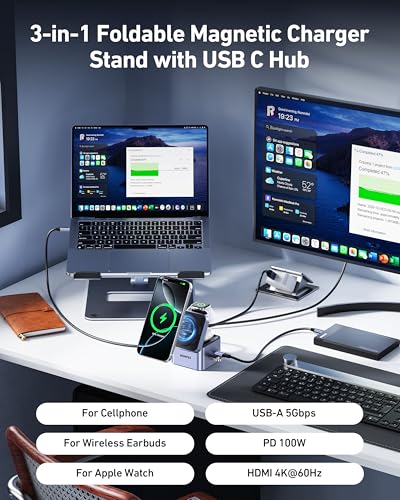 BENFEI Support de Chargeur MagSafe 3-en-1 Pliable avec hub USB C, Station de Charge sans Fil pour iPhone 16/15/14/13/12, Apple Watch & AirPods, supportant HDMI (4K@60Hz), 100W PD, 2X USB 3.0 (5Gbps) – Image 3
