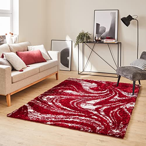 Nazar Tapis Shaggy Doux à Motifs Géométrique, Tapis Salon, Chambre, Couloir, Moelleux, Moderne, Beige, Gris, Bleu, Rouge (677 Rouge, 120x160 cm), (Oslo)