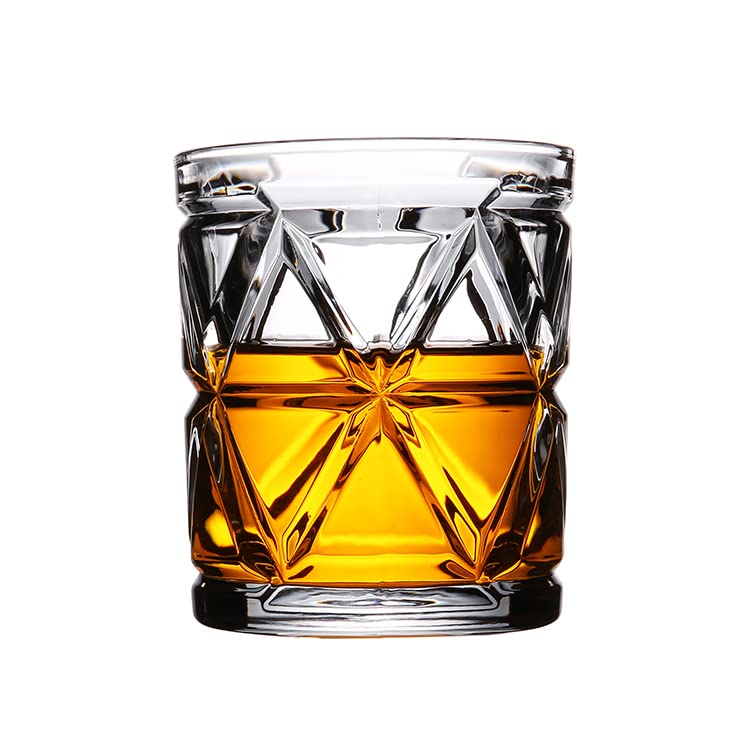 TIENER Diamond Wave Whiskey Glasses, Embossed Rocks Premium Scotch Glasses Perfect for Scotch, Bourbon, Rocks, Cocktail and Rum | 360ml | Set of 6 | Transparent
