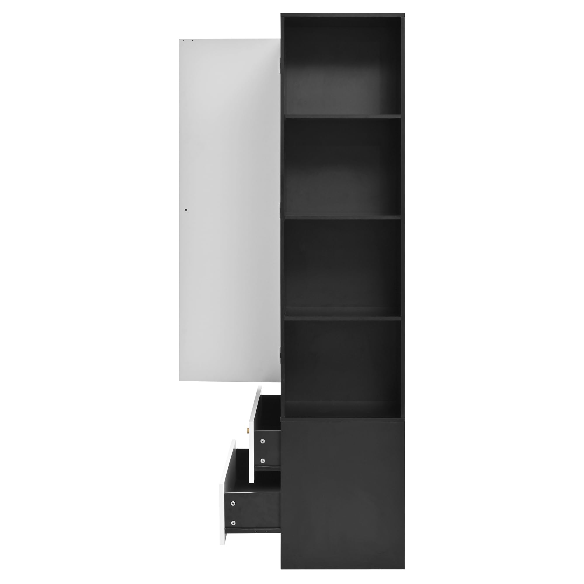 Armario con espejo y una puerta. Perchero moderno con 2 cajones y 4 estantes, ideal para almacenamiento versátil en el dormitorio. Blanco+Negro, Dimensiones: 80 x 40 x 180 cm