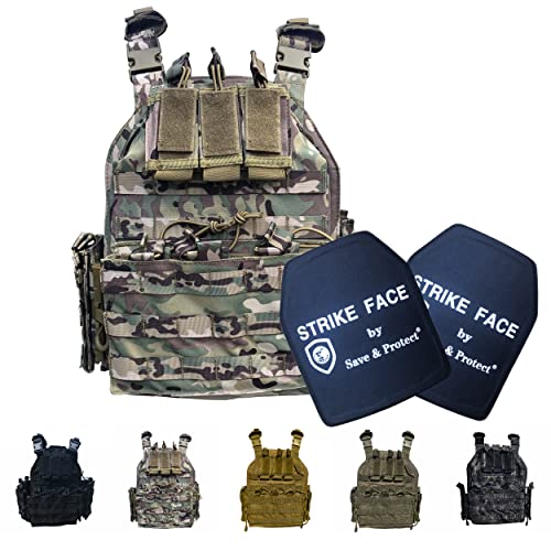 Save & Protect 1x Plattenträger Chest Rig + 2X Strike Face Ballistische SK4 Platte NIJ IV aus SIC Keramik - Schusssichere Weste mit Schnellverschluss Molle Pouch Magazintasche Cover