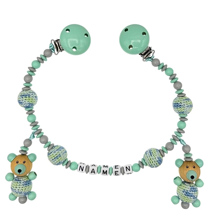 Set Nuckelkette + Kinderwagenkette mit Namen " 3D - BÄR MIT HÄKELKÖRPER " Mint Hellgrau/Baby/Unisex/Personalisiert/HANDMADE