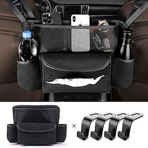 GOLPEW Car Organizers and Storage Between Seats Suede Large Capacity Purse Holder for Car Automotive Consoles & Organizers, Safe Barrier of Kid Pet with 4Pcs Car Hooks for Purses and Bags