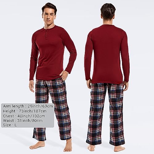 DG Hill Men's Fleece Pajama Set - Plaid Pants and Cotton Shirt Sleepwear
