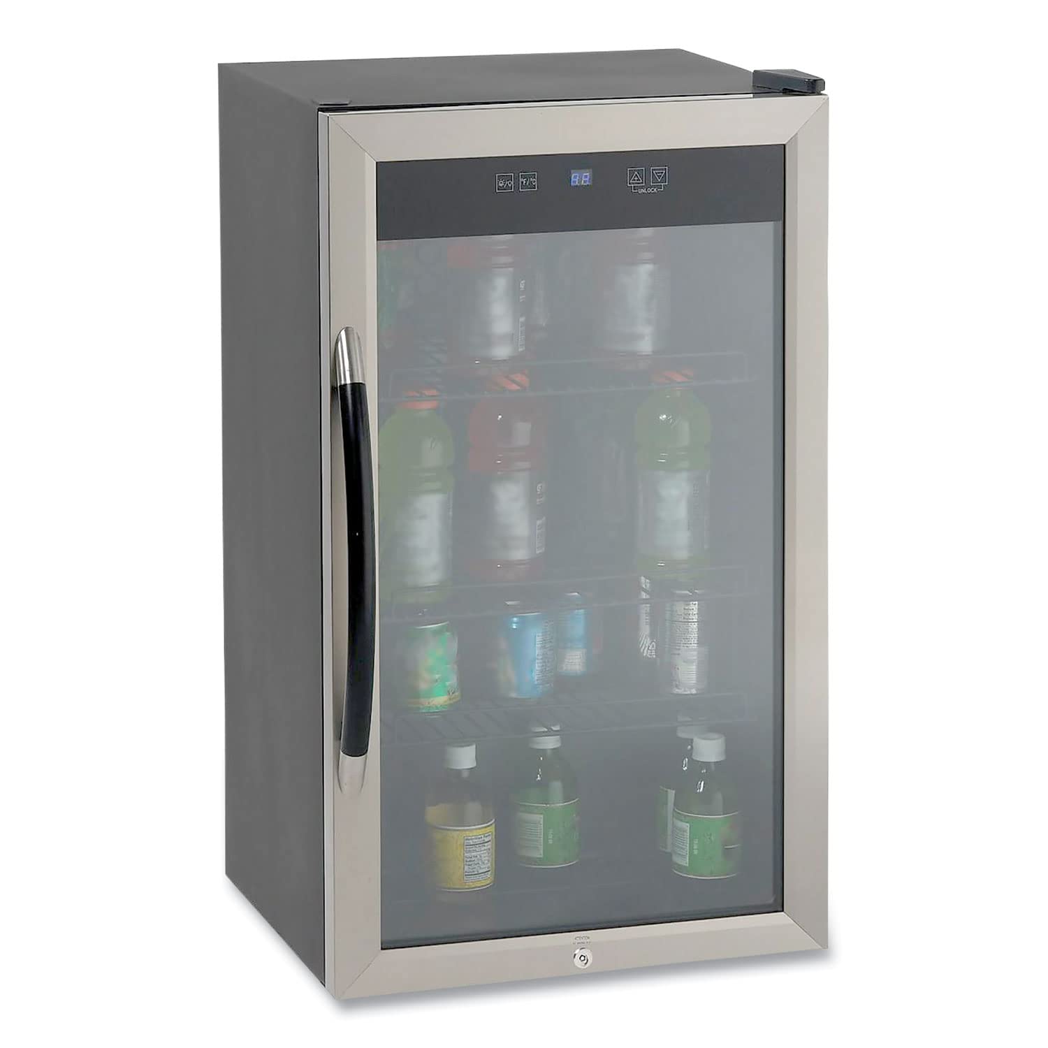Refrigerador de bebidas Avanti de 3.1 pies cúbicos, elegante gabinete negro con marco de acero inoxidable y puerta de vidrio templado de doble panel.