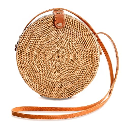 Image of Handwoven Round Rattan Purse Crossbody - Straw Basket Wicker Bag for Women - Circle Summer Handbag
