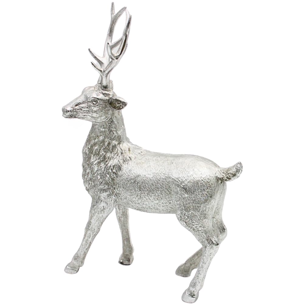 Dekohelden24 Keramik Dekofigur, Moderne Deko-Statue, Landhaus-Skulptur als Hirsch in Silber - Glitzer, stehend, L/B/H: 24 x 10 x 36cm