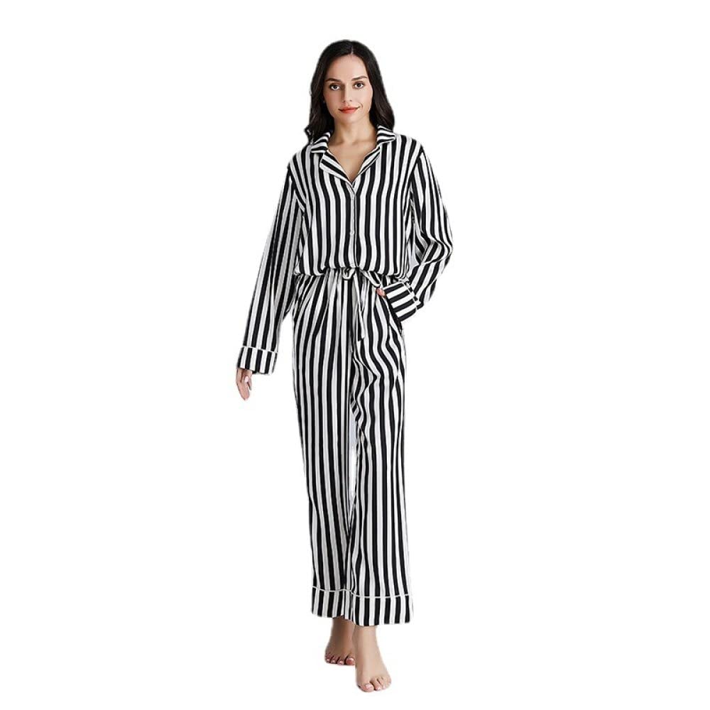 Pigiama da Donna in Seta Set Pigiama A Righe Bianche Nere Pigiama da Notte A Maniche Lunghe Abbottonato Pigiama da Donna in Raso di Seta Pigiama da Notte