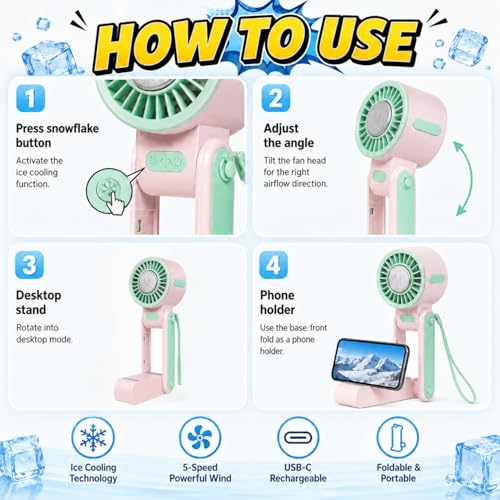 Image of One94Store Ice Cooling Folding Fan, 1800mAh Rechargeable Mini Fan, 5-Speed Portable Hand Fan with Phone Holder, Adjustable Wind Direction, Foldable Design, USB-C Charging, Lanyard Included, Pink