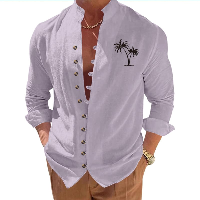 Mens Button Down V Neck Shirt Coconut Palm Print T-Shirt Long Sleeve Stand Collar Loose Fall Vacation Casual