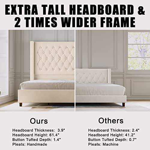 Papajet PAPAJET-71G King Platform Bed Frame 61.4 Inch Handmade Headboard Velvet Tall Upholstered Bed Deep Button Tufted/No Box Spring Required/Wood Slat Support/Easy Assembly/Cream thumb #2
