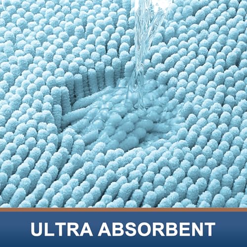 Smiry Luxury Chenille Bathroom Rugs 24x16, Extra Soft and Absorbent Shaggy Bath Mat, Machine Washable, Non-Slip Plush Carpet Runner for Tub, Shower, and Floor, Home Decor Accessories, Sky Blue