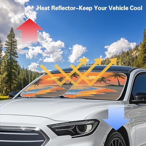 Image of Sunset Scenery Car Windshield Sun Shade 2 PCS Foldable Automotive Windshield Sunshades Easy to Install Sun Visor Blocks UV Rays and Keeps Vehicle Cool- 28.5 x 25.5 inches