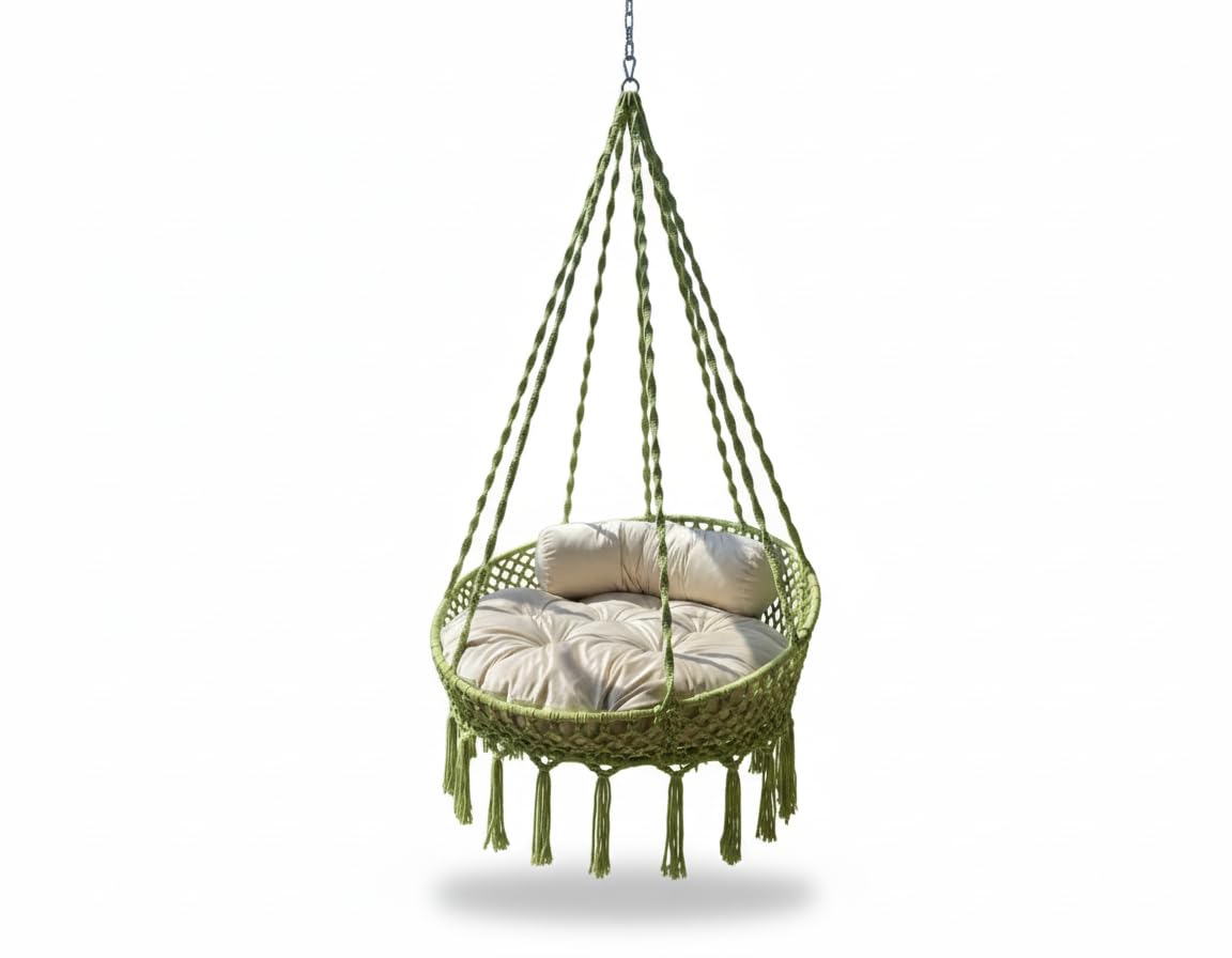 The Top Knott Macramé Hanging Swing Chair for Adults – Handmade Cotton Rope Hammock with Soft Cushion | Boho Style Jhula for Balcony, Bedroom & Garden (Olive Green with Beige Cushion)-image-21