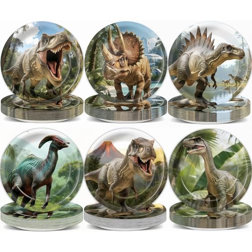 72 PCS Dinosaur Birthday Paper Plates Party Decorations 7 Inch Dino World Disposable Tableware Dinosaur Theme Dessert Plates Dino Tropical Jungle Plate for Kids Baby Shower Summer Party Supplies