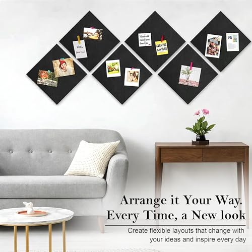 Image of GLUN 6 Piece Black Felt Bulletin Board 30x30 cm, Self Adhesive Notice Board Tiles for Wall | 100 Push Pins + 400 Sheets Sticky Notes | Pin Board for Home, Office, School & Study Room