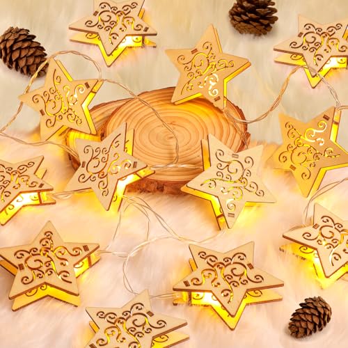 UQYMY Luces Arbol Navidad de Madera, 1,5m LED Luce Interior Pilas, Cortina Luz Batería Navideña Decoración, Guirnalda Blanco Cálido para Jardín, Balcón, Boda, Fiesta, Casa, Cumpleaños(Estrella)