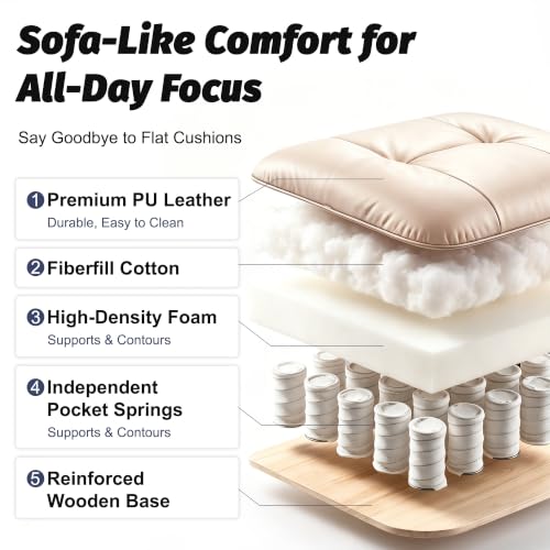 Image of Efomao Executive Office Chair 400lbs,Beige Big and Tall Desk Chair | Mattress-grade pocket spring cushion, sleek leather, 135 recline & footrest for computer gaming setup.