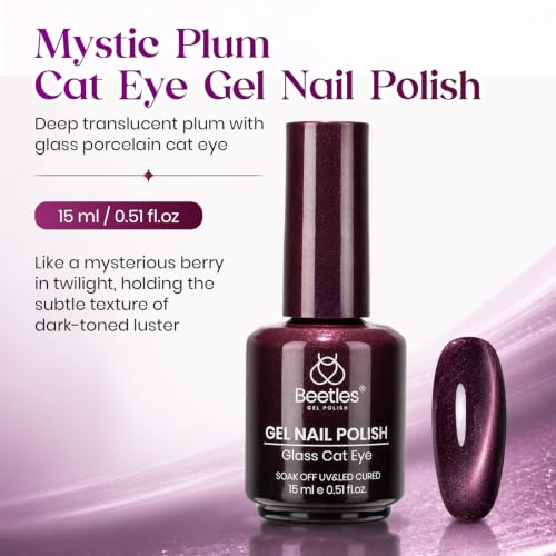 Image of Beetles Deep Purple Cat Eye Gel Polish, 15ML Mystic Plum Magnetic Gel | Glass Purple Cat Eye Glitter Shimmer Gel Sheer Translucent Effect With Magnet Soak Off UV Fall Nail Art Gift for Women