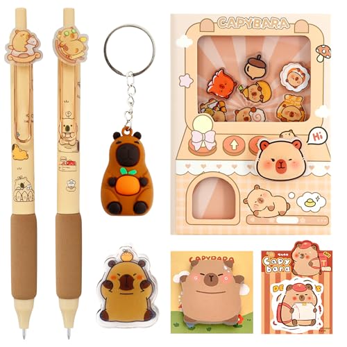 Lezehea Set de Papelería Capybara Kawaii - Incluye 2 Bolígrafos Negros + Cuaderno Sorpresa + 30 Pegatinas + Llavero + Notas Adhesivas Removibles + Clip para Notas - Kit para Escuela/Oficina (0.5mm)