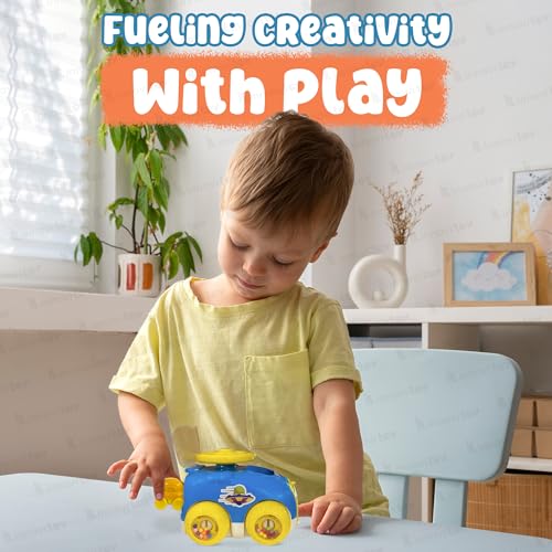 innovitoy Catapult Car Toys for Kids 2 Years | Push Friction Baby Car with Rattle Sound Wheel & Press Button Steering Wheel to Launch Two Mini Kids Cars | BPA-Free | Baby Gift Set-Made in India(Blue)