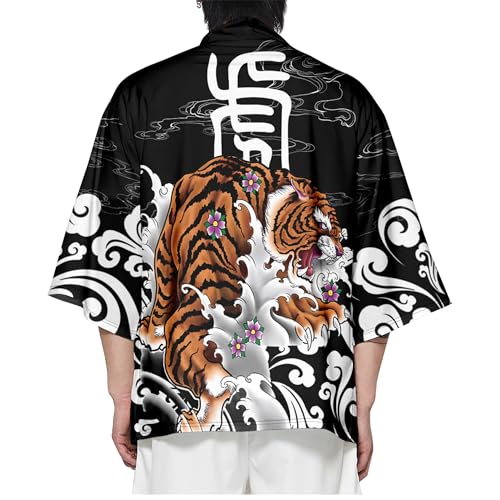 Image of DOSLAVIDA Men's Japanese Kimono Cardigan Suit Chinese Style Printed Jacket Pants Set Open Front Seven Sleeve Top & Shorts