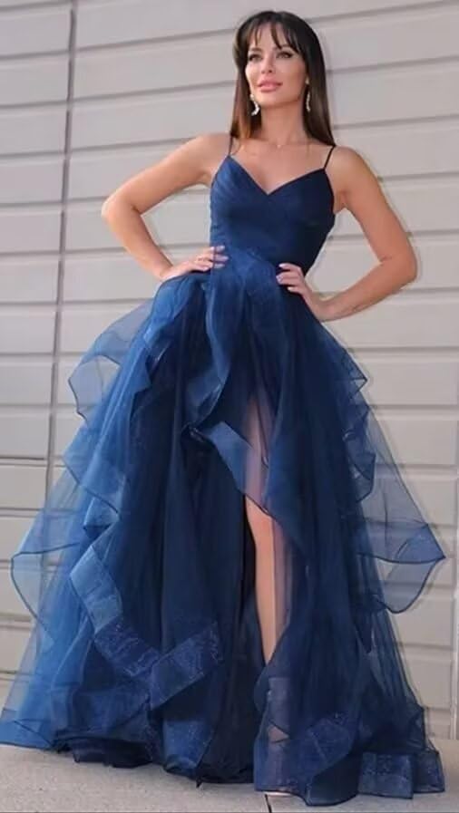 Tiered Tulle Prom Dresses 2025 Long Sparkly Tulle Ball Gowns A Line Women V-Neck Formal Evening Party Gown with Slit3