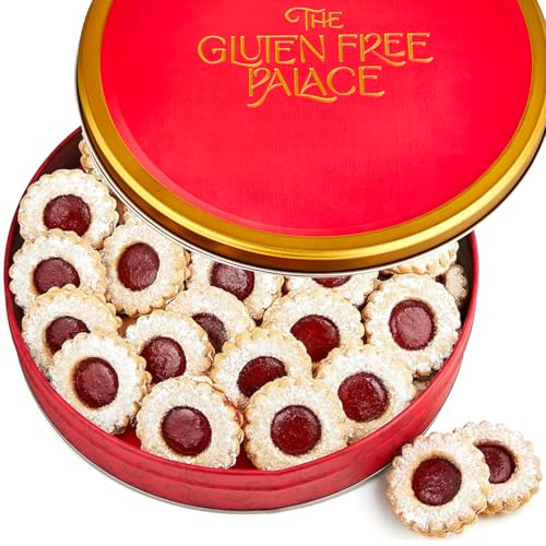 Image of Gluten Free Palace Cookie Gift Basket, Shortbread Linzer Tin (21 Cookies) | Gourmet gluten free shortbread Linzer tart cookies. Elegant red tin gift for Mom, wife, women & family.
