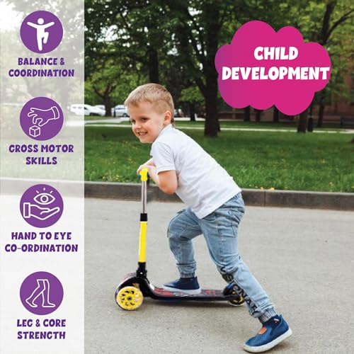 Image of ToyMagic Swift & Stride Scooter 3 Wheeler with Led Wheels Non Electronic Motion Activation Smart Kick Foldable Toy Height Adjustable Handle Birthday Gift for 3+ Made in India, Yellow, Kid