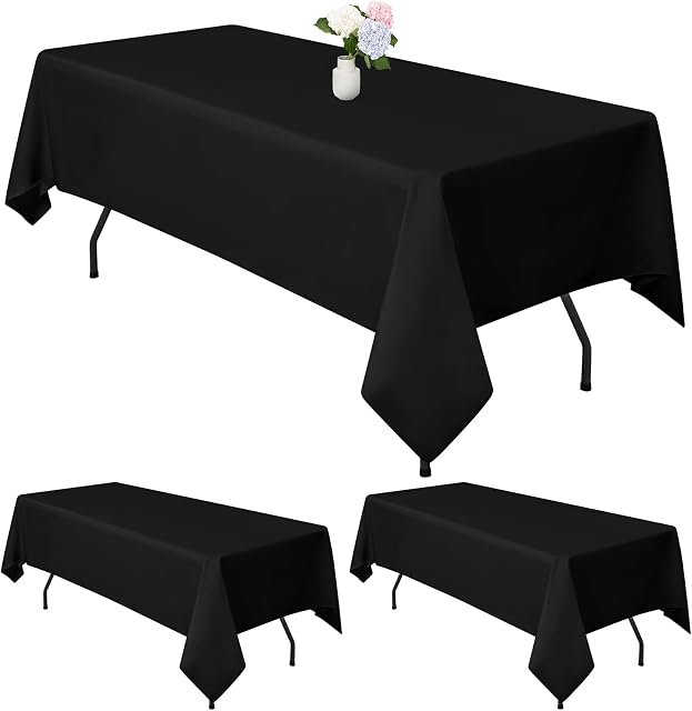 3 Packs Black Polyester Tablecloth 60 x 102 Inch Polyester Fabric Table Clothes Cover for 6ft Rectangle Tables Stain and Wrinkle Resistant Washable Table Cloth for Wedding,Birthday,Party,Table