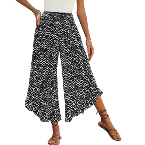 Women's Polka Dot Flowy Wide Leg Pants 2025 Summer Elastic Waist Cropped Trouser Pants Lounge Business Beach Outfits