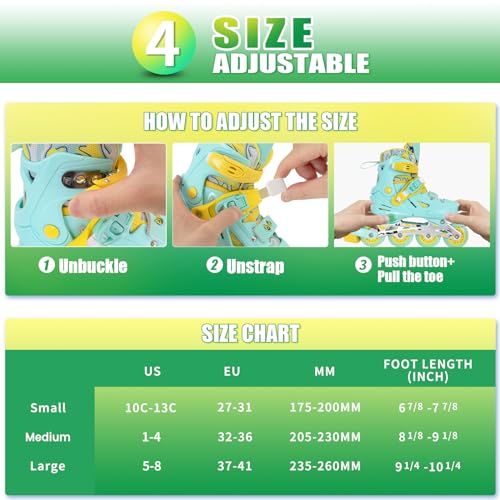 Mammygol Inline Skates For Girls And Boys, Adjustable Speed Skates Blades With Full Light Up Wheels For Kids Youth Teal Age 8-10 Size 1 2 3 4 thumb #4