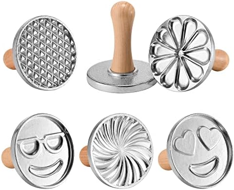 OPPEIN Heirloom Cookie Stamps Set of 6, 3-inch round, Aluminum Press Mold for Baking Cookies and Pastry, Geometry Citrus and Emoji Cookie Stamps with Natural Hardwood Handle Gift Package.