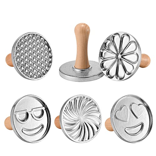 Oppein Heirloom Cookie Stamps Set Of 6, 3-Inch Round, Aluminum Press Mold For Baking Cookies And Pastry, Geometry Citrus And Emoji Cookie Stamps With Natural Hardwood Handle Gift Package. #TOP20