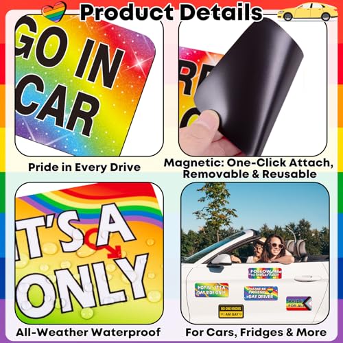 Image of 16PCS Gay Pride Car Bumper Magnets: Funny Rainbow Decals Bulk for LGBT Parade, Truck, Fridge, Cruise - Prank Gift Idea (Classic Style)