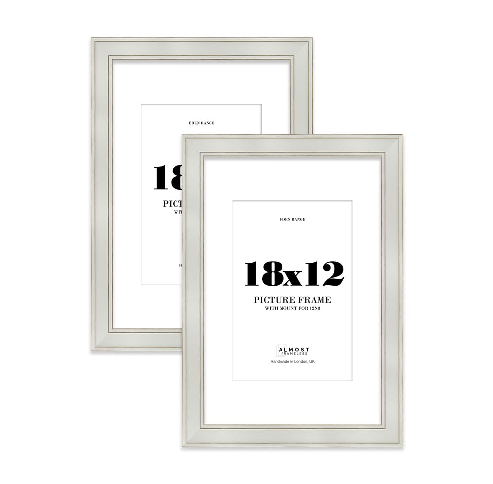 18x12" Light Grey Picture Frame with 12x8" Mount - Shabby Chic Photo Frame with Distressed Finish, Gold Trim, Wall Hooks, 37mm Edge - 2 Pack