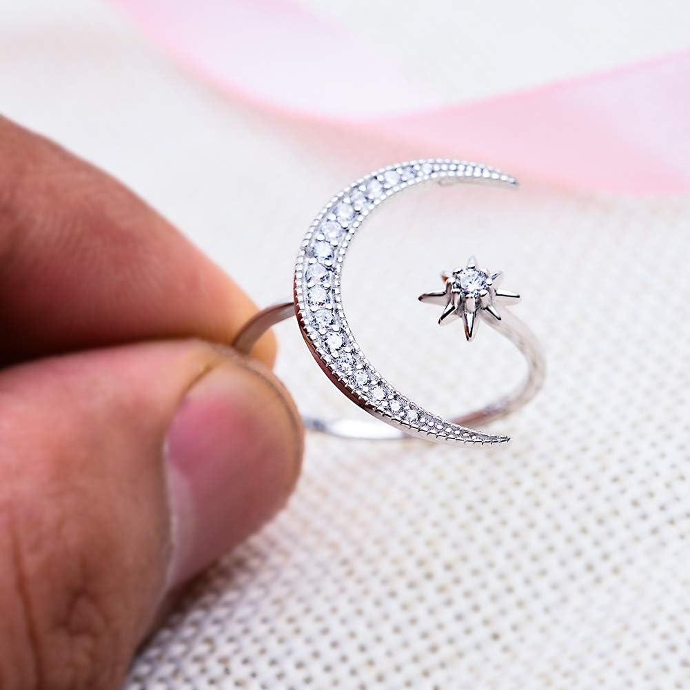 Sterling Silver Crescent Moon Star Rings for Women Adjustable Moon Ring 24A Cubic Zirconia Minimalist Ring Valentines Day Gift for Her with Box - Image 3