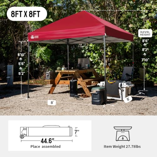 Image of CROWN SHADES 8x8 Pop Up Canopy - Patented Center Lock One Push Instant Outdoor Canopy Beach Tent with STO-N-Go Bag 8 Stakes & 4 Sand Bags,Red