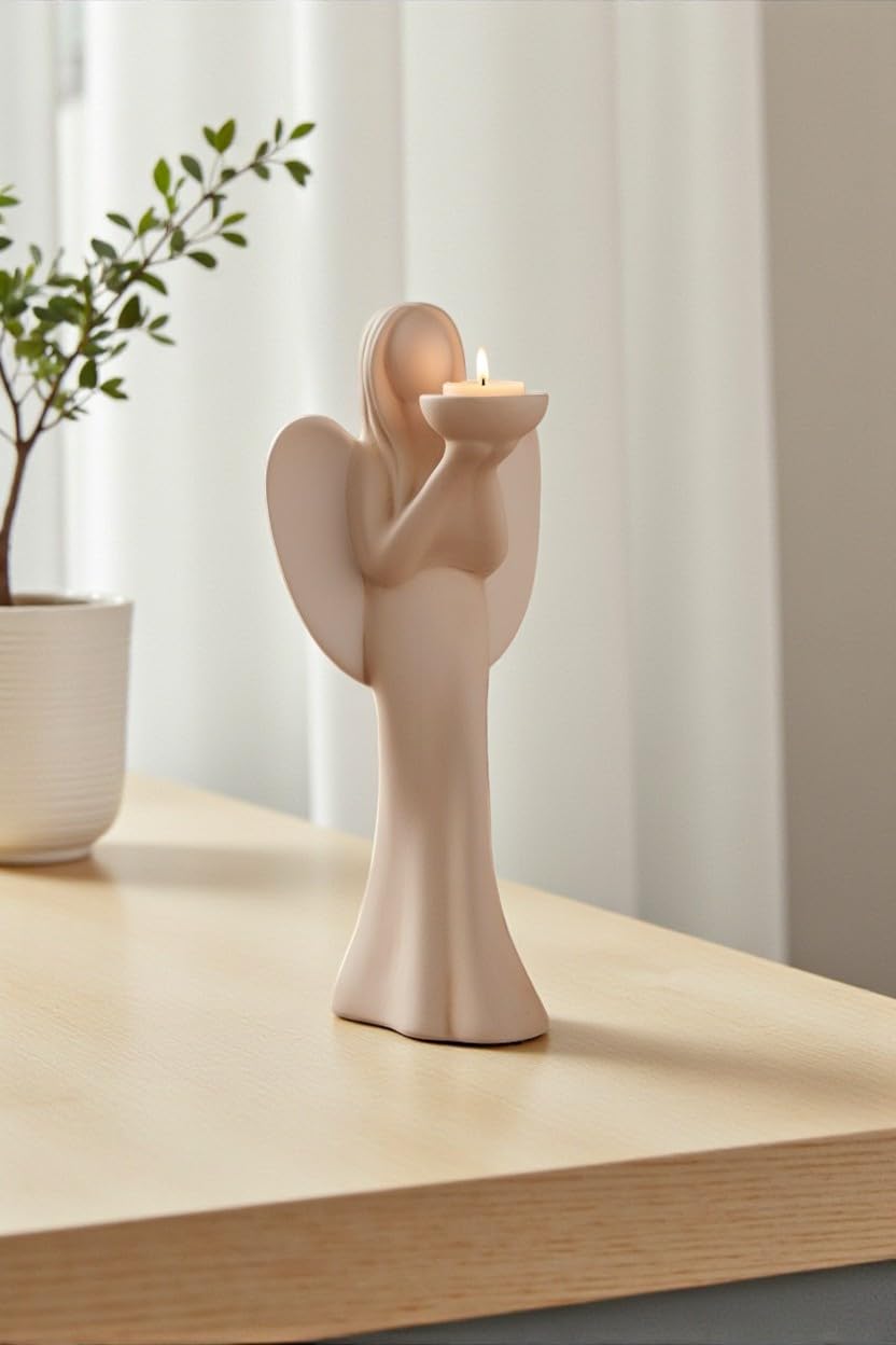 GILDE Deko Figur Engel Luciane Teelichthalter aus Keramik – Engelleuchter für Teelicht – Dekoration Tischdeko Geschenk – Farbe: Creme/Weiss Höhe 36,5 cm