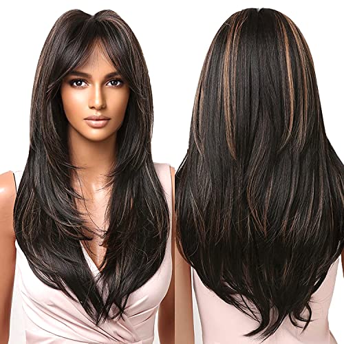Image of Women's Full Head Wig - Shoulder Straight Length Highlight Black Layered Synthetic Hair Extension for Women and Girls Medium