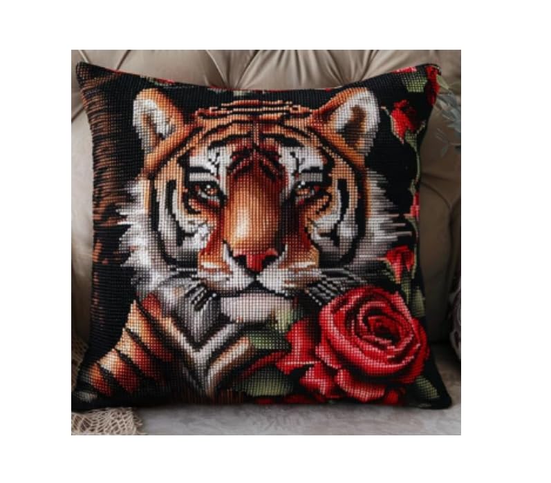 kitphoenix Knüpfkissen Set Tiger Latch Hook Kissen Kit für Kinder oder Anfänger Erwachsene zum Selber Knüpfen, DIY Knüpfteppich Knüpfpackung, Knüpfhaken Set 43 x 43 cm