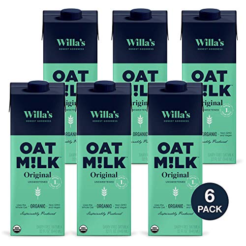 Oat Milk Unsweetened, Organic, Vegan, & Plant Based, Non-Dairy Milk, Low Sugar, Perfect for Coffee, Tea & Dairy Free Recipes, Shelf Stable, (6 Pack), By Willaâ€™s Kitchen