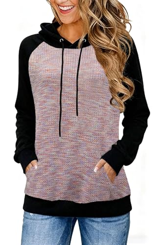 ABYOVRT Felpa Donna con Cappuccio a Blocchi di Colore Leggera in Tessuto Waffle Casual Perfetta per Autunno Inverno,Viola,L