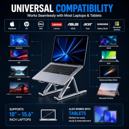 Image of Ergonomic Laptop Stand Aluminum, Foldable Height Adjustable Notebook Holder with Ventilation Design for MacBook, Dell, HP, Lenovo, ASUS & Acer
