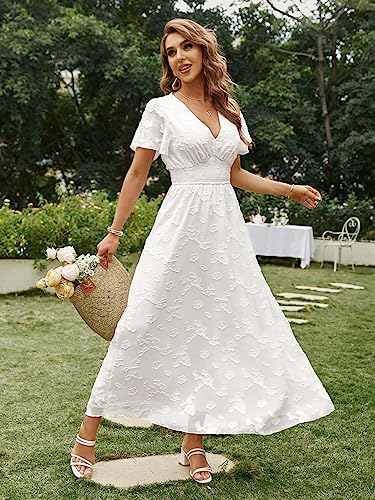 Simplee Women's Boho Floral V Neck Short Sleeve Formal Maxi Ruffle Dress Summer Long Flowy Lace Bridesmaid Wedding Party Evening Dress (S White)