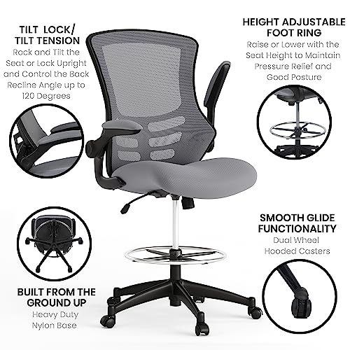 Image of Flash Furniture Kelista Mid-Back Swivel Office Chair with Adjustable Seat Height, Ergonomic Mesh Desk Chair with Flip-Up Armrests, Dark Gray