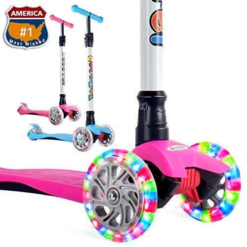 OUTON Scooter for Kids 3 Wheel Kick Scooter for Toddler Girls Boys, Lean to Steer, 4 Adjustable Height, Light Up Wheels for Children Age 3-14 (Rose Pink)