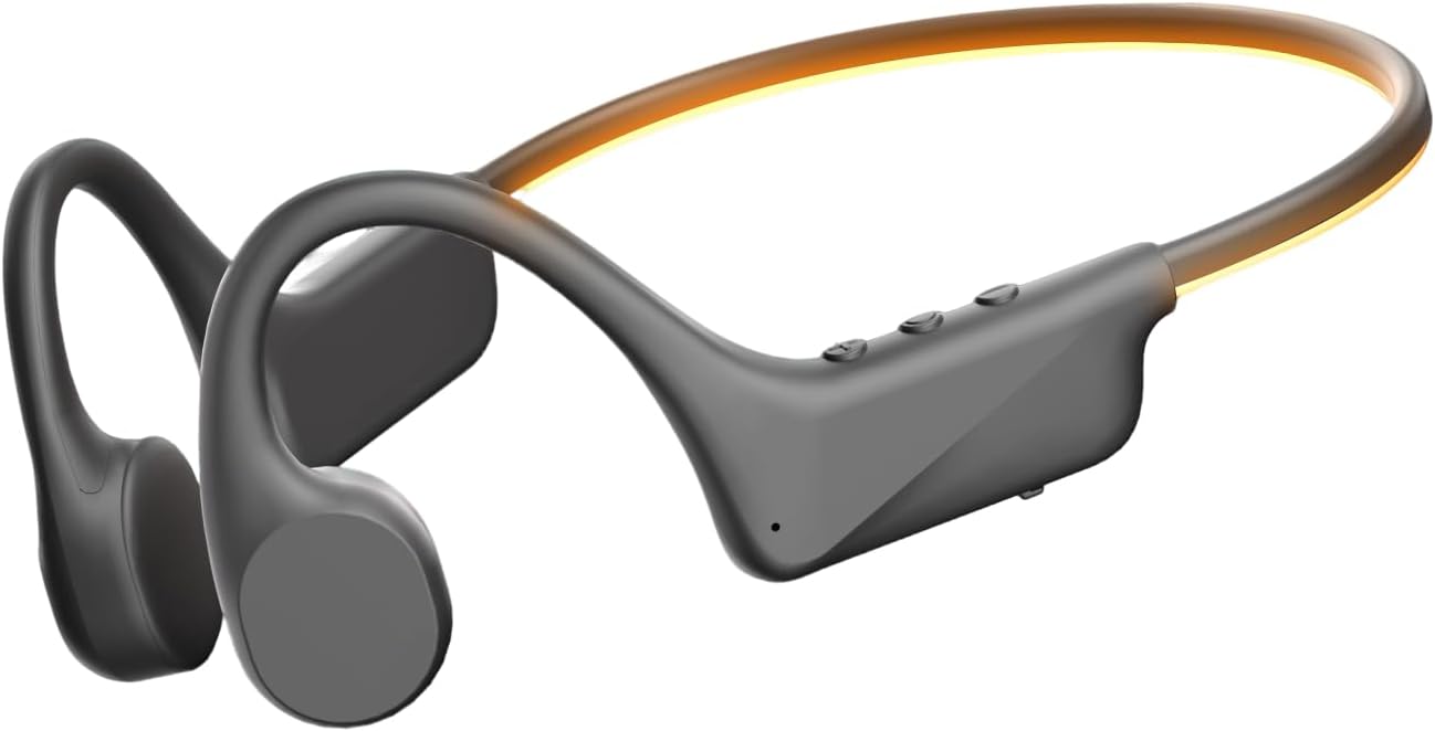 Night running bone conduction headphones, open-ear design, Bluetooth 6.0, IP54 water resistance, with glow-in-the-dark lights, 10–12 hours of battery life, supports connection to two devices