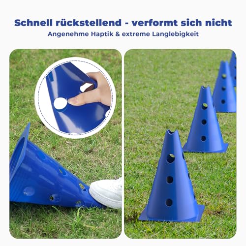 GHB Steckhürdenset Hobby Horsing 12 Kegel 18 Stangen, Agility Hürden Set Hunde, Fussball Trainingszubehör für Koordinationstraining mit Tragetasche