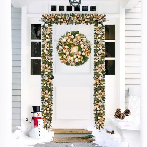 Pre-Lit Christmas Wreath for Front Door, 24 Inch Large Christmas Wreath with 20 LED Lights, Artificial Xmas Wreath with Gold Leaves, Balls and Ornaments for Fireplace, Outdoor, Window